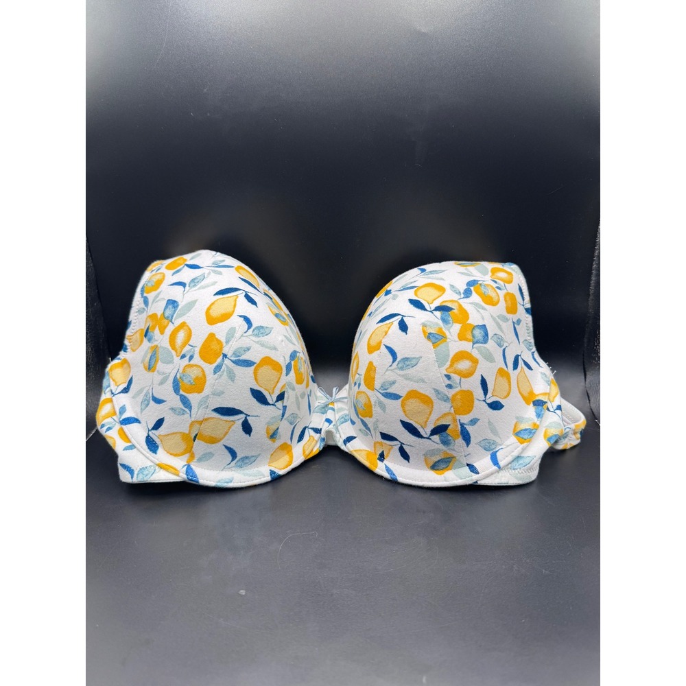 Cacique Lemon Print Lightly Lined T-Shirt Bra White Yellow Blue 34DD Underwire